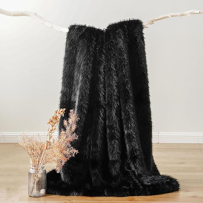 BATTILO HOME Luxury Fluffy Black Faux Fur Throw Blanket, Black Blanket for Couch, Sofa, Chair, Bed, Plush Fuzzy Cozy Fur Throws with Long Pile, 50"x60"