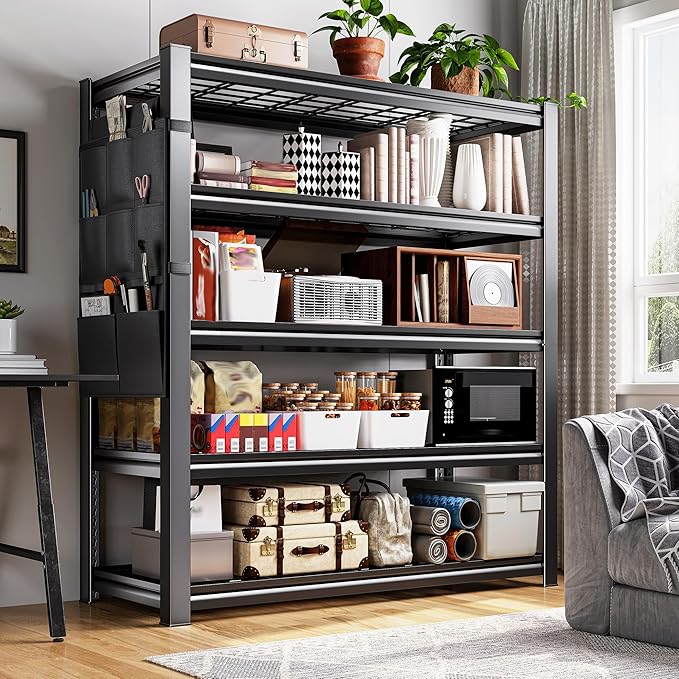 REIBII Storage Shelves, Heavy Duty Garage Shelving Load 2500LBS, 5-Tier Garage Shelves with Tool Storage Bag, Adjustable Industrial Metal Shelving for Basement, 66" H x38.2 W x16 D, Black