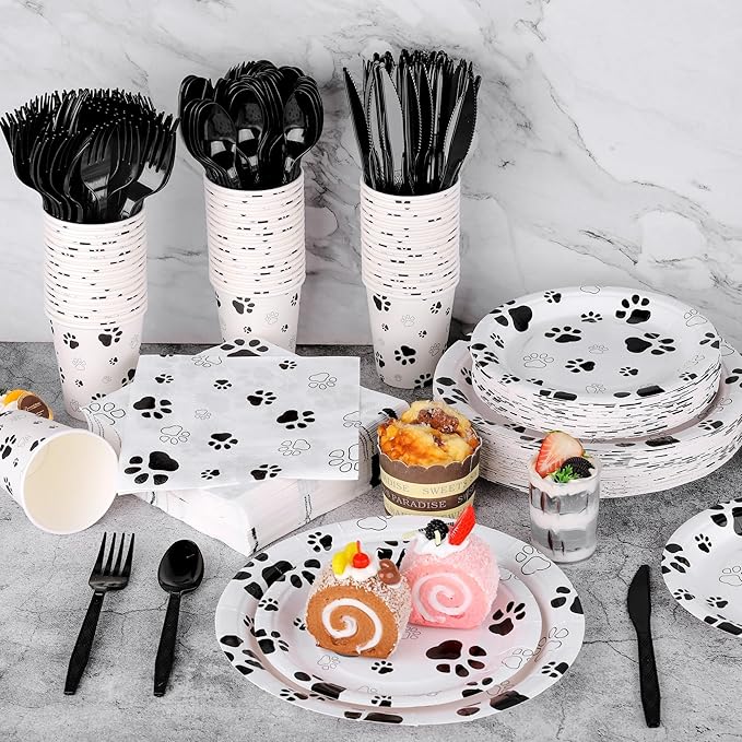 400 Pieces Black Paw Disposable Party Tableware Sets Dog Puppy Supplies Including Plates Cups Napkins Cutlery Serves 50 for Birthday Puppy Theme Party Decorations