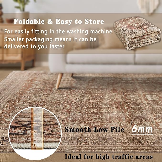 vivorug 4x6 Rug, Small Area Rug for Living Room, Bedroom, Kitchen, Machine Washable Non-Slip Throw Rug, Vintage Carpet for Entryway Nursery Coffee Table - Durable (Brown)