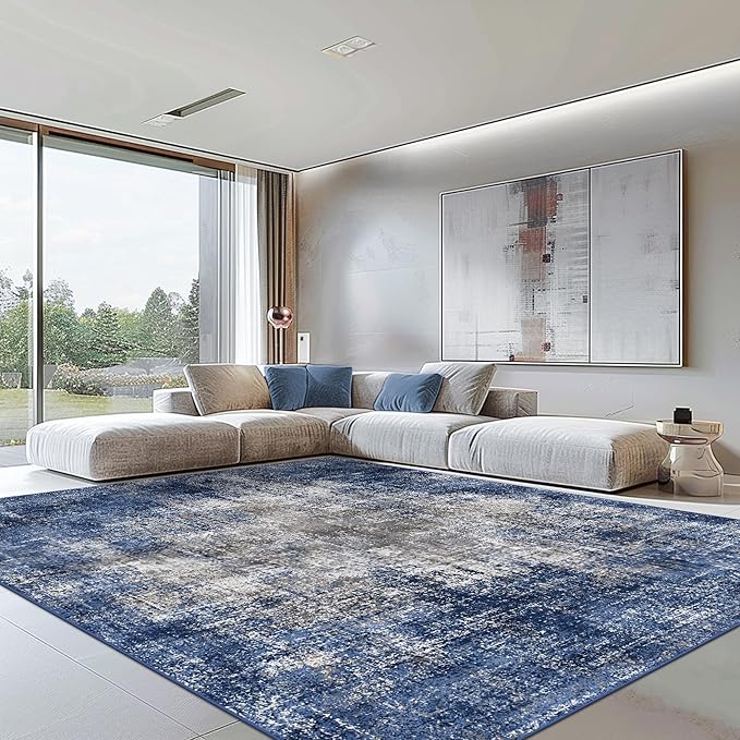 GENIMO Washable Area Rugs for Living Room Bedroom, 9x12 Modern Abstract Non Slip Rug, Low Pile Soft Contemporary Indoor Floor Carpet Cover for Dining Room Kitchen, Blue&Gray