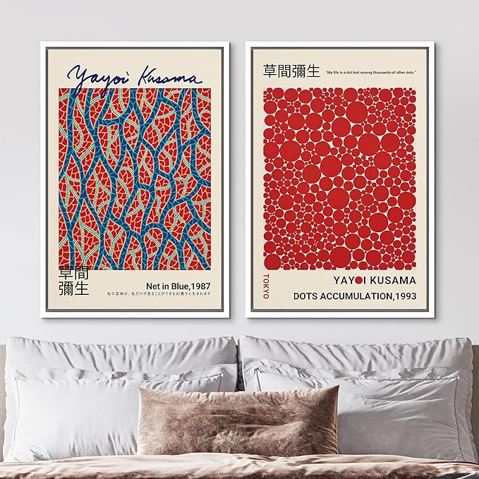 MUDECOR Framed Canvas Print Wall Art Blue Red Dots by Yayoi Kusama Japanese Nature Illustration Modern Art Decorative Multicolor Geometric Minimal for Bedroom - 24"x36"x2 White