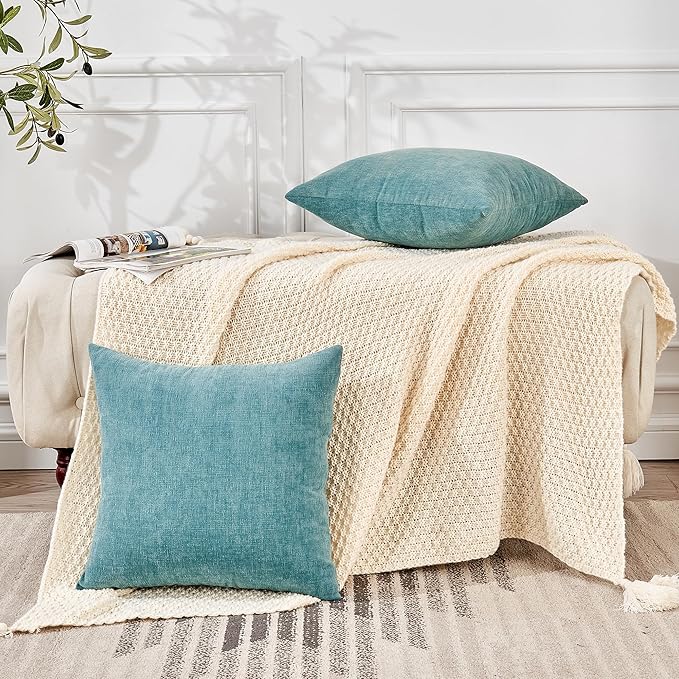 GAWAMAY Decorative Chenille Throw Pillow Covers 26x26 Inch Pack of 2, Soft Square Couch Pillow Cover for Sofa Cushion Living Room Bedroom Oversized Pillowcases Smoke Blue 66x66cm (ONLY Covers)