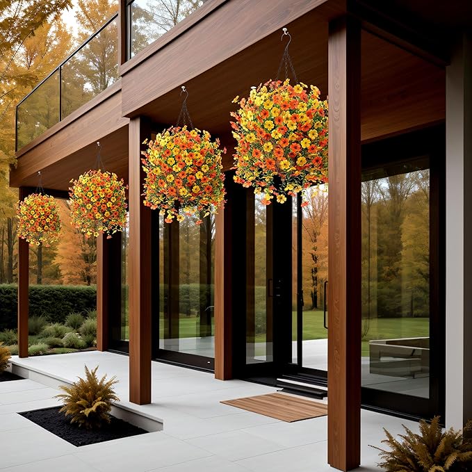 Artificial Fake Fall Hanging Flowers Plants with Basket for Outdoor Decor, Fake Mums Autumn Plants No Fade Plastic Faux Silk Daisy Flowers Fall Decoration for Outside Garden Porch Patio(Yellow Orange)