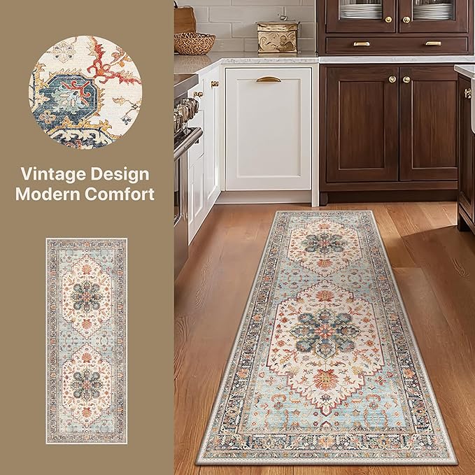 GENIMO 2X5 Runner Rugs for Entryway,Machine Washable Vintage Floor Cover Foldable Modern Non Slip Rug, Low Pile Soft Carpet Floral Print Mat for Indoor Entryway/Bathroom/Kitchen/Carpet,Sky Blue
