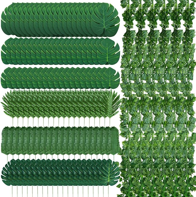XunYee 48 Strands 165 ft Artificial Vines with Leaves Tropical Leaf Garland and 6 Style Fake Monstera Palm Leaves Decoration Faux Ivy Vines Bulk for Jungle Safari Baby Shower Plant Party Decoration
