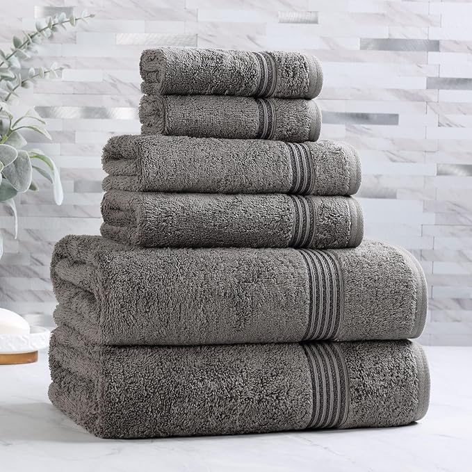 Superior Egyptian Cotton 6-Piece Towel Set, Assorted Towels for Home Bathroom, Master, Guest Bath, Decor Essentials, Includes 2 Bath, 2 Hand, 2 Face Towels/Washcloths, Quick Dry, Absorbent, Charcoal