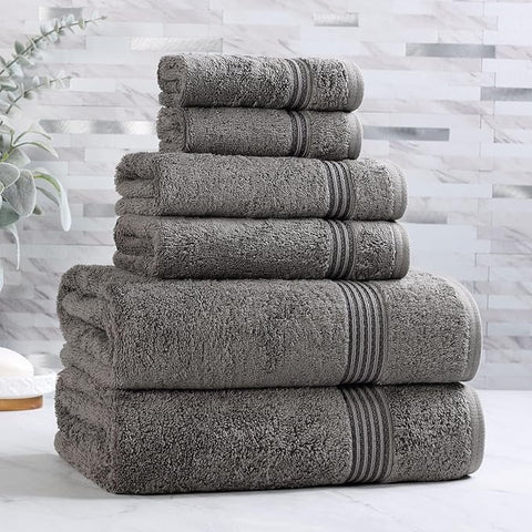 Superior Egyptian Cotton 6-Piece Towel Set, Assorted Towels for Home Bathroom, Master, Guest Bath, Decor Essentials, Includes 2 Bath, 2 Hand, 2 Face Towels/Washcloths, Quick Dry, Absorbent, Charcoal