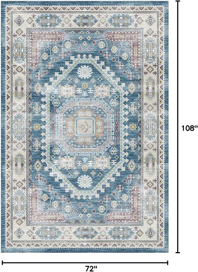 vivorug 6x9 Area Rug, Ultra-Soft Washable Rug for Living Room, Dinner Room, Bedroom, Non-Slip Vintage Medallion Rug, Indoor Carpet Large Area Rug, Blue