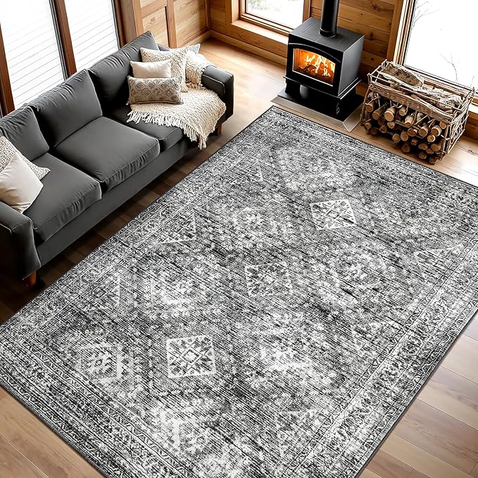 MIULEE 8x10 Vintage Washable Area Rugs Living Room Rug Low Pile Boho Farmhouse Floor Mat for Bedroom Dining Room Under Kitchen Table, Non-Slip Stain Resistant Soft Large Carpet for Home Decor, Black
