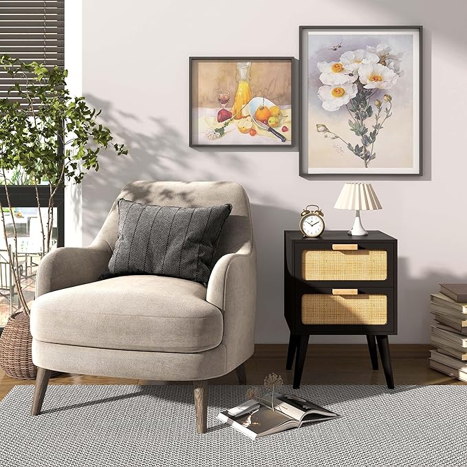 Rattan Nightstand, Wood End Table, Side Table with 2 Hand Made Rattan Decorated Drawers,Boho Bedside Table,Wood Accent Table with Storage for Livingroom, Bedroom, Black CTG59B