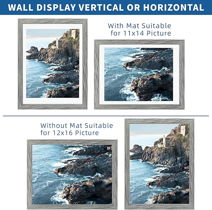 12x16 Picture Frame Set of 2, Rustic Grey Wood Style - Display 12 x 16 Poster without Mat or 11x14 Picture with Mat, Wall Mounting Horizontal and Vertical
