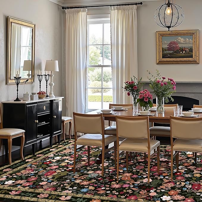 Deerly Large Floral Washable Area Rugs 9x12 for Living Room Vintage Boho Non-Slip Bedroom Carpet Soft Low Pile Thin Floor Mat Indoor for Dining Room Playroom Nursery Farmhouse, Black/Multi