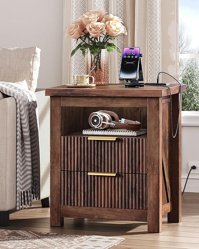 Fluted Nightstand, End Table with Charging Station and 2 Drawers, Farmhouse Nightstands with Fluted Panel, Engineered Wood Side Table for Bedroom Walnut MBZ06UHT