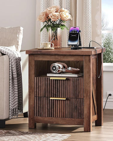 Fluted Nightstand, End Table with Charging Station and 2 Drawers, Farmhouse Nightstands with Fluted Panel, Engineered Wood Side Table for Bedroom Walnut MBZ06UHT