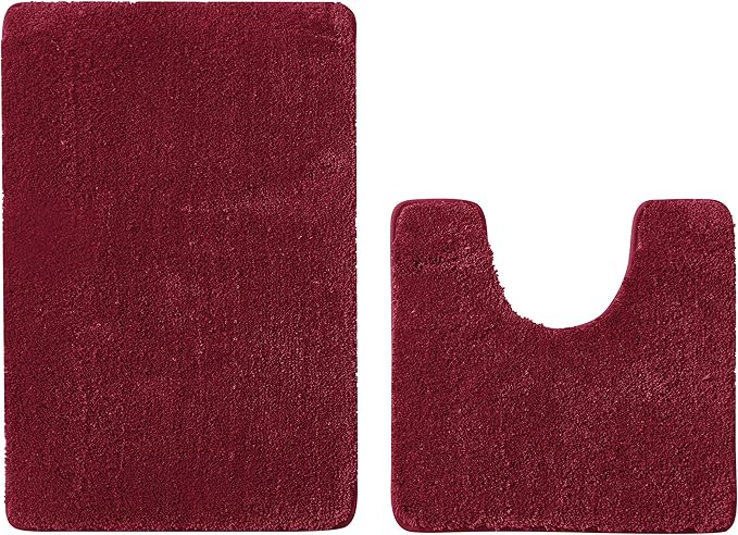 Bathroom Rug Set 2Piece, Thick &Soft Microfiber Shaggy, U Shaped Contour, Machine Washable Bath Mats, Absorbent Bath Rugs, Non-slip Rubber Backing Bath Mat for Bathroom Floor, Tub and Shower, Burgundy
