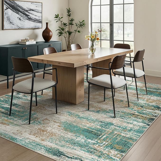 GENIMO Washable Rug-6x9 Area Rugs Lightweight Foldable, Modern Pet Friendly Low Pile Carpet for Living Room, Bedroom, Playroom, Emerald Ripples