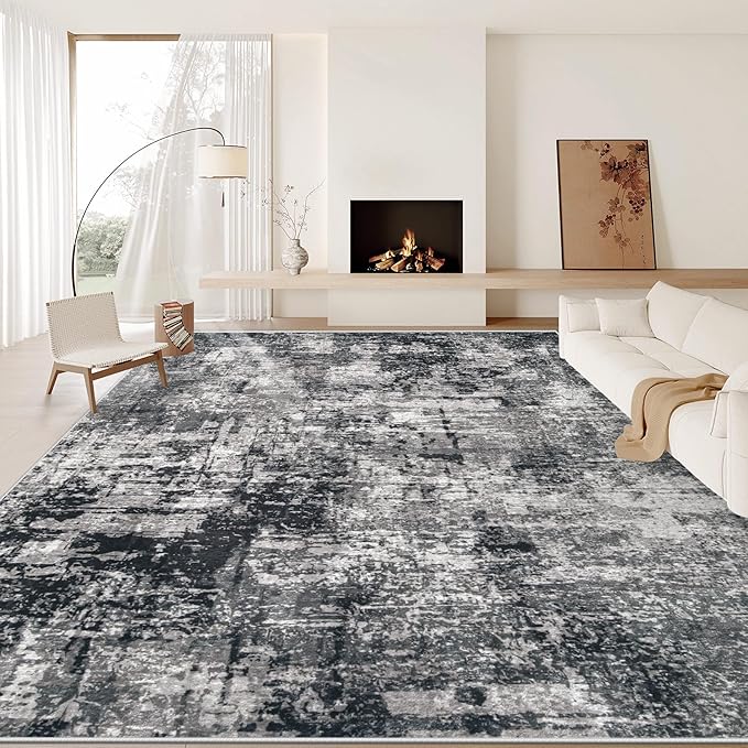 9x12 Area Rugs for Living Room: Washable Modern Abstract Rug Large Soft Non Slip Living Room Rug Indoor Low Pile Carpet for Bedroom Dining Room Home - Black Grey Brown