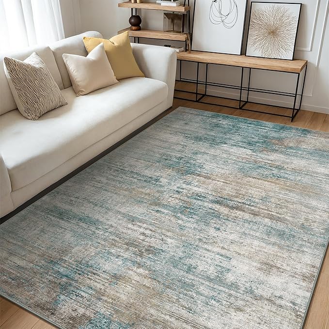 GENIMO Washable Area Rugs for Living Room Bedroom, 5X7 Modern Abstract Non Slip Rug, Low Pile Soft Contemporary Indoor Floor Carpet Cover for Dinning Room Kitchen, Teal/Grey