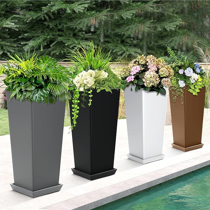24-Inch Tall Planters Set of 2 for Outdoor and Indoor Use,Tapered Flower Pots with Drainage Tray, Front Porch and Patio Decor,Ideal for Large Plants, Grey