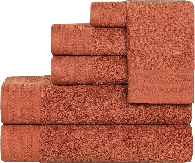 Superior Honeycomb Cotton Medium Weight Towels, for Guest Bath, Master Bathroom, Shower, Quick Dry, Adults, Home Essentials, Textured Waffle Border, Assorted Towel Set, 6 Piece Towel Set, Rust