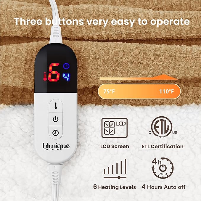 Heated Blanket Electric Throw Waffle, 50x60 Inches Sherpa Fleece Fast Heating Blanket 6 Heating Levels & 4 Hours Auto Off ETL Certification, Apricot Orange Throw