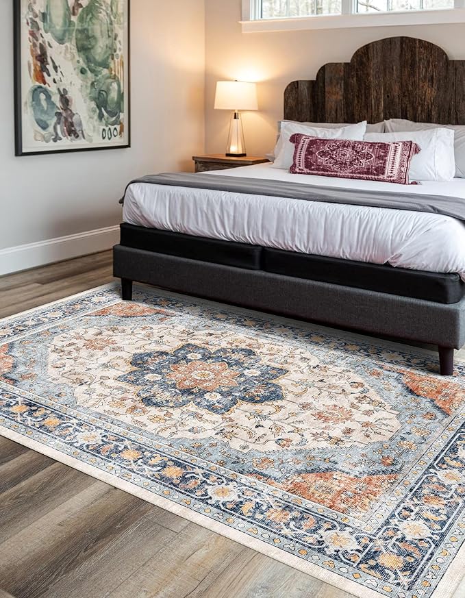 vivorug 6x9 Area Rugs, Ultra-Soft Washable Boho Rug for Living Room Dinner Room Bedroom, Non-Slip Vintage Floral Indoor Carpet Large Area Rug Orange/Navy