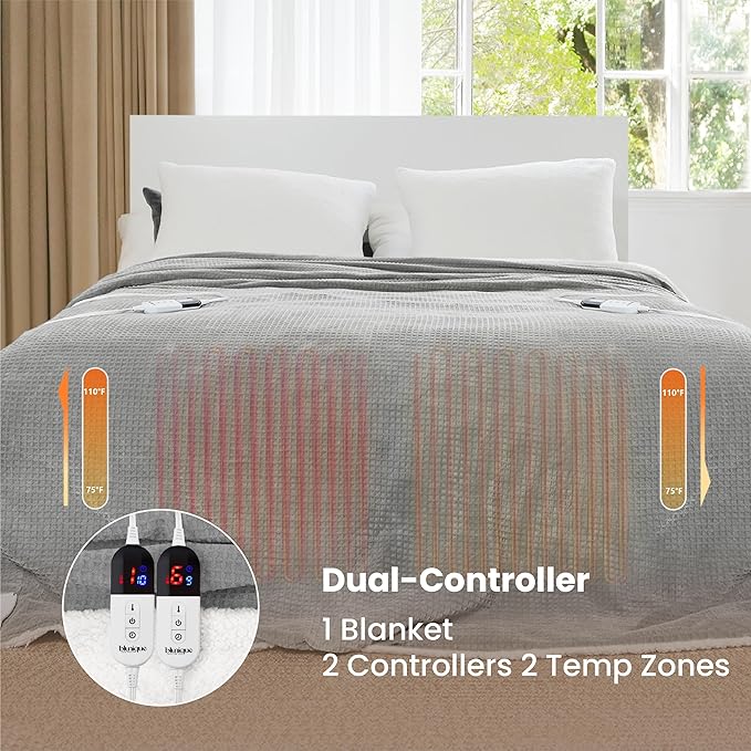 Heated Blanket Electric Blanket Queen Waffle,84x90 Inches Sherpa Fleece Fast Heating Blanket 6 Heating Levels & 10 Hours Auto Off ETL Certification,Light Grey Queen