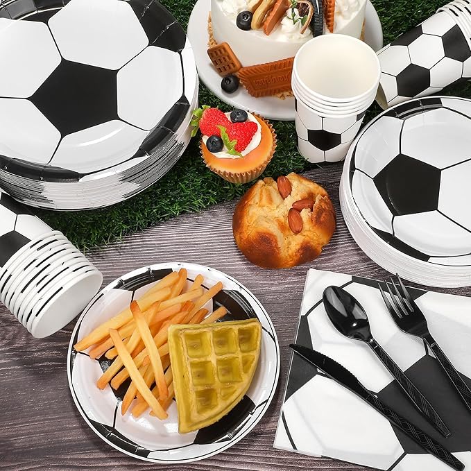 400 Pieces Soccer Disposable Party Tableware Sets Including Plates Cups Napkins Cutlery Serves 50 for Soccer Games Sports Birthday Party Decorations