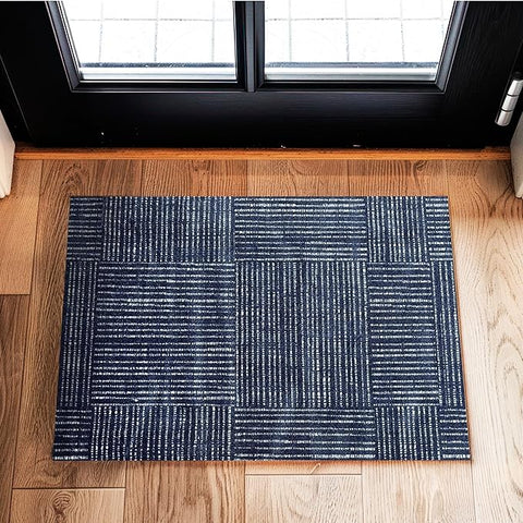 Canvas Washable Indoor Rug with Rubber Backing, Door Mat for Entryway, Kitchen, Bathroom, Non-Slip Mat, Washable Entryway Rug, Pet Friendly, Navy Blue, 20" x 27.5"