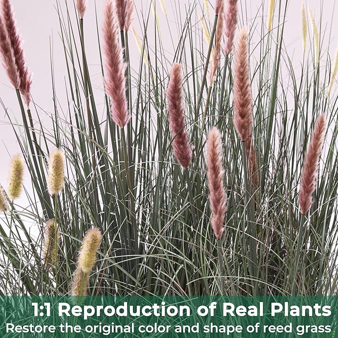 4ft Onion Grass, Artificial Plant and Greenery, Fake Floor Plants Indoor Outdoor, 48in Faux Horsetail Reed Grass with 10 Pink Flower Crowns, Potted, House Decorative