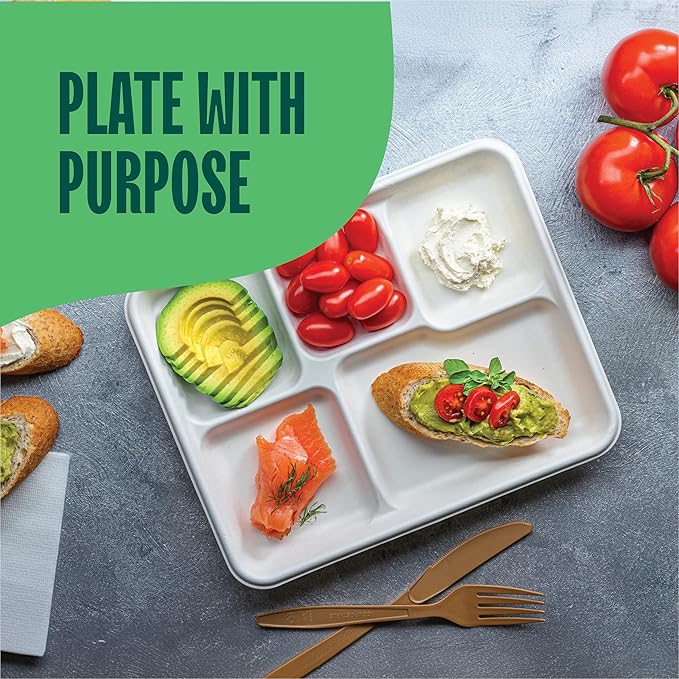 100% Compostable, 5 Compartment, Disposable Paper Plates [125-Pack] - {PFAS Free} - {BPA Certified} - [10 Inch] Heavy Duty Biodegradable Bagasse Sectional Lunch Trays + Dividers - Divided Platter Tray