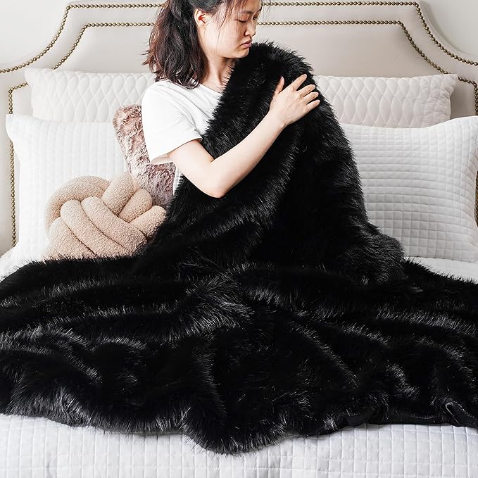 BATTILO HOME Luxury Fluffy Black Faux Fur Throw Blanket, Black Blanket for Couch, Sofa, Chair, Bed, Plush Fuzzy Cozy Fur Throws with Long Pile, 50"x60"