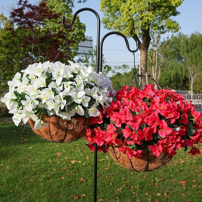 Artificial Hanging Flowers Plant with Basket for Outdoors, Fake Hanging Plants Silk Bougainvillea in Planter Look Real UV Resistant Faux Flower for Porch Patio Garden Home Decor (White-New)