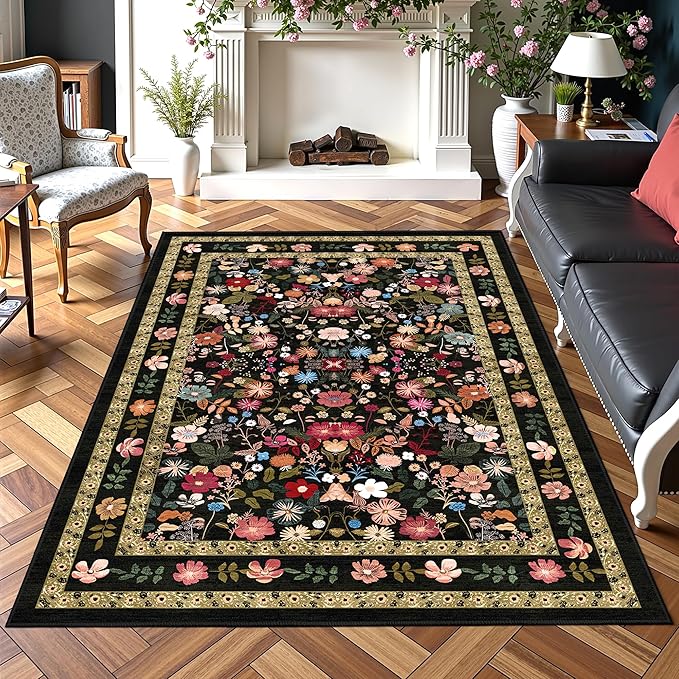 Black Floral Area Rugs 4x6 Washable Living Room Bedroom Carpet - Vintage Boho Thin Non-Slip Soft Low Pile Floor Mat Indoor Home Decor for Dining Room Playroom Farmhouse, Black/Multi