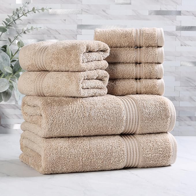 Superior Egyptian Cotton 8-Piece Towel Set, Assorted Towels for Home Bathroom, Guest Bath Decor Essentials, Includes 2 Bath, 4 Hand, 2 Face Towels/Washcloths, Quick Dry, Absorbent, Taupe
