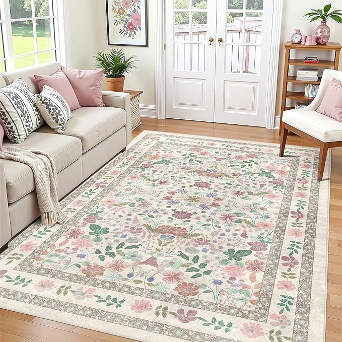 Deerly Floral Area Rugs 4x6 Washable Living Room Bedroom Carpet Vintage Boho Thin Non-Slip Soft Low Pile Floor Mat Indoor Home Decor for Dining Room Playroom Farmhouse, Beige/Light Pink/Multi