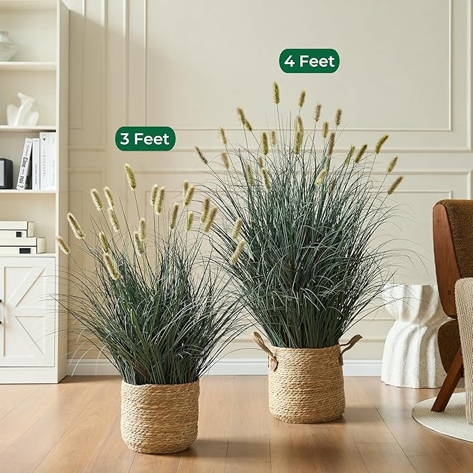 4ft Onion Grass, Artificial Plant and Greenery, Fake Floor Plants Indoor Outdoor, Potted Faux Green Bristlegrass with Yellow Spikes, Large Size Horsetail Reed Grass, House Decorative