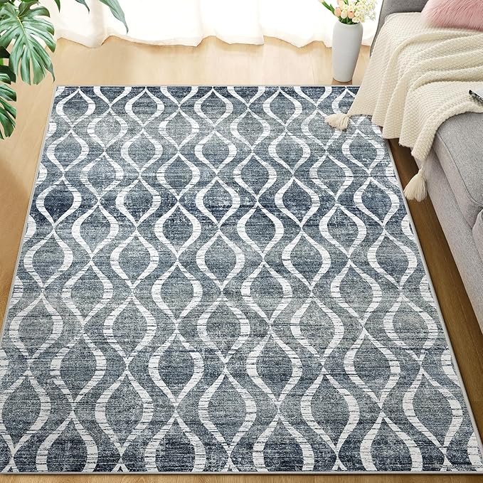 WITSHOCK Area Rugs 6x9: Washable Non Shedding Geometric Low Pile Boho Print Large Thin Indoor Rug for Living Room Bedroom Dining Room, Carpet for Nursery Playroom Decor, Eco-Friendly, Dark Blue