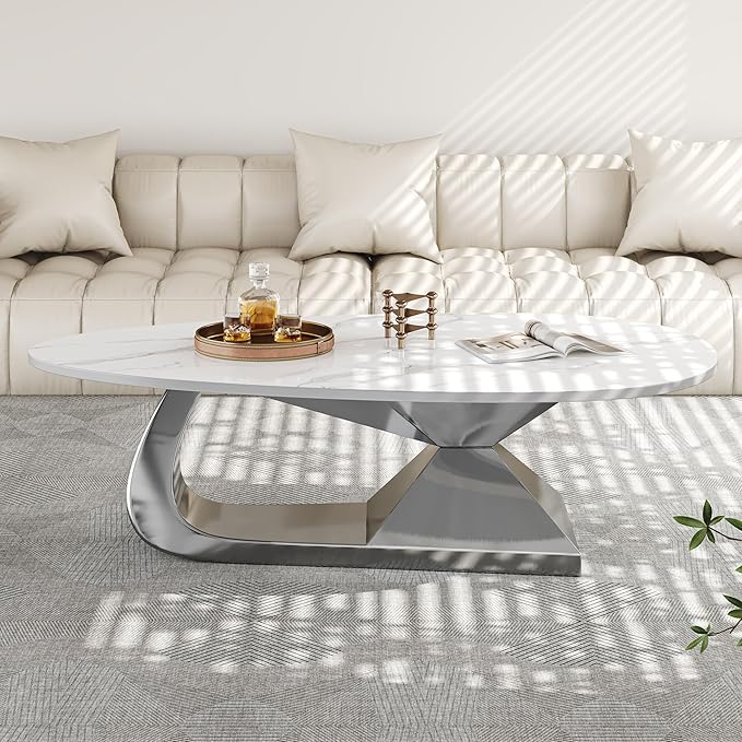 Modern Oval Sintered Stone Coffee Table, 51.2" White and Silver Rectangle Coffee Table with Faux Marble Top & Golden Geometric Stainless Steel Base, Rectangle Tea Center Table for Living Room