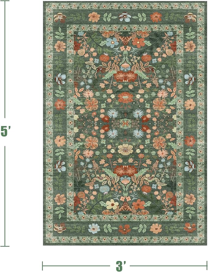Green Floral Area Rugs 3x5 Small Thin Entryway Rug - Vintage Boho Washable Non-Slip Living Room Carpet Soft Low Pile Bedroom Floor Mat Indoor Home Decor for Dining Room Playroom Farmhouse, Green/Multi