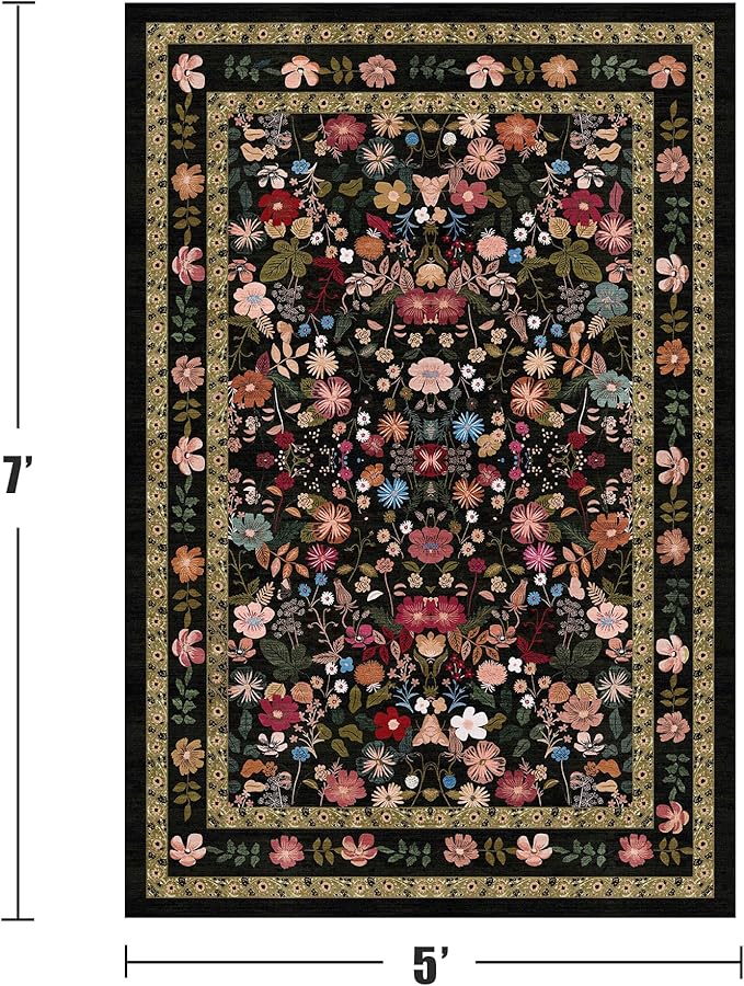 Deerly Living Room Rug 5x7 Rug Washable Vintage Boho Area Rug Non Slip Black Floral Soft Low Pile Thin Large Bedroom Floor Mat Indoor for Dining Room Playroom Nursery Farmhouse, Black/Multi