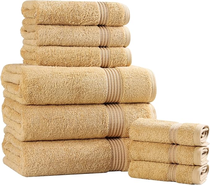 Superior Egyptian Cotton 9-Piece Towel Set, Assorted Towels for Home Bathroom, Guest Bath Decor Essentials, Includes 3 Bath, 3 Hand, 3 Face Towels/Washcloths, Quick Dry, Absorbent - Gold