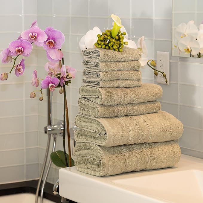 Mosobam Luxury Turkish 8pc Towel Set 30X58 16X30 13X13 Seagrass Green 700 GSM Bamboo Viscose & Aegean Turkish Combed Cotton