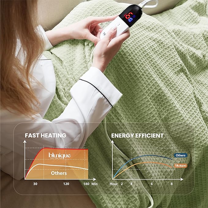 Heated Blanket Electric Blanket Full Waffle,72x84 Inches Sherpa Fleece Fast Heating Blanket 6 Heating Levels & 10 Hours Auto Off ETL Certification,Sage Full