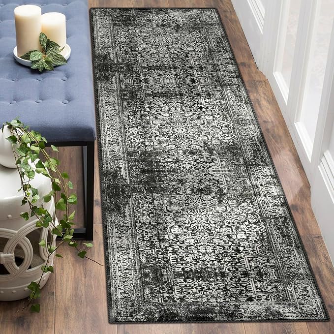 vivorug Runner Rug 2'x7' Vintage Washable Non-Slip Runners for Hallways Kitchen Entryway Laundry Room Carpet Hallway Runner, Black and White Rug
