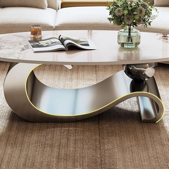 49.2" Oval Marble Coffee Table with Geometric Stainless Steel Base, Modern Sintered Stone Coffee Tables for Living Room, Luxury White Silver Cocktail Center Table Living Room Furniture for Home Decor