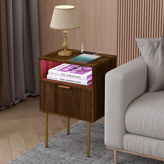 Nightstand with Outlet and Led Light, Bedside Table with Storage Drawer, Fluted Side Table for Living Room, Bedroom