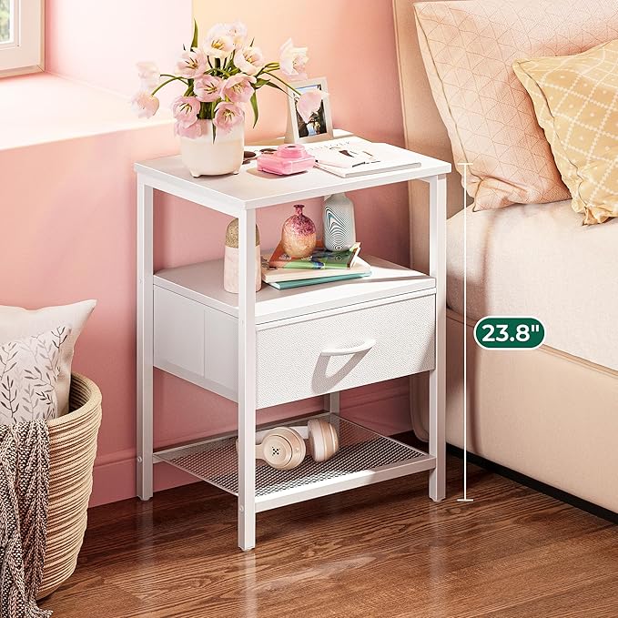 Huuger Nightstand Set of 2, Night Stand with Fabric Drawer, Mesh Shelf, Side Table with Storage, Fabric Drawer Dresser, Open Shelf, Metal Frame, Bedroom, White
