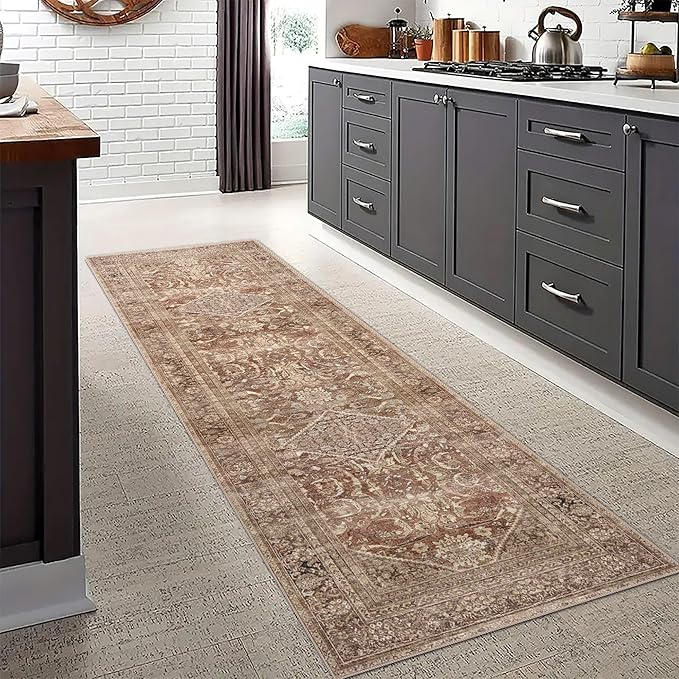 vivorug Runner Rug 2x10 Machine Washable Rug with Non-Slip Backing, Ideal for Kitchen Hallway Entryway Laundry Room - Vintage, Durable, Easy Clean, Low Pile Carpet Runner Earth Tone